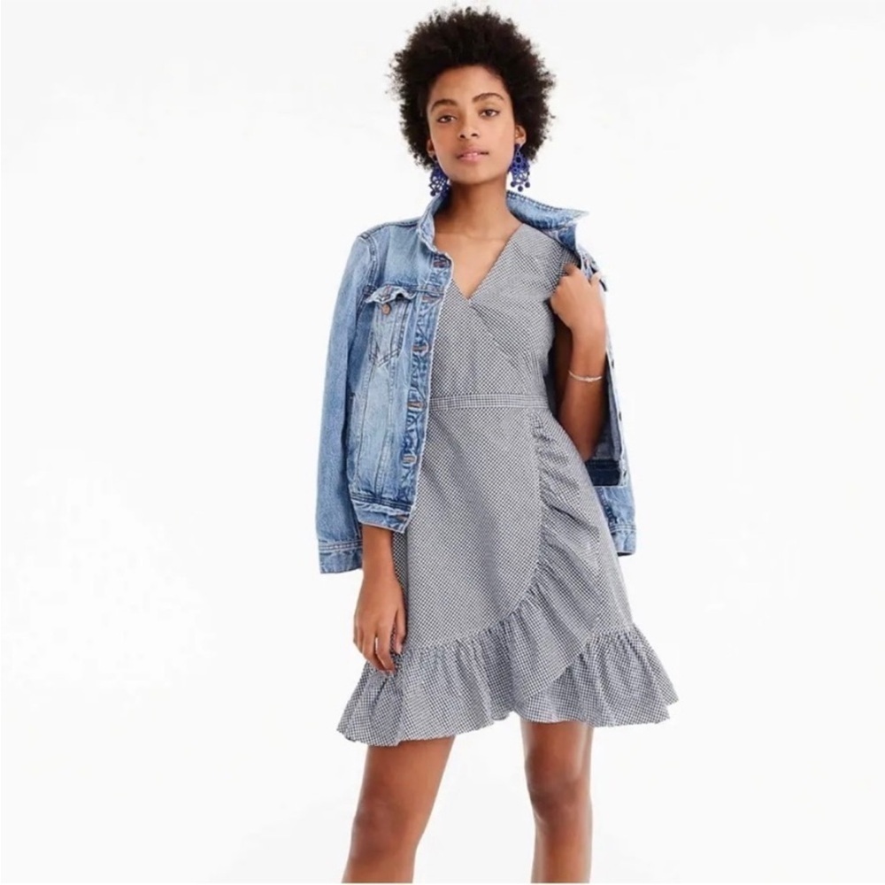 Jcrew Gingham Faux Wrap Dress Navy White Ruffle